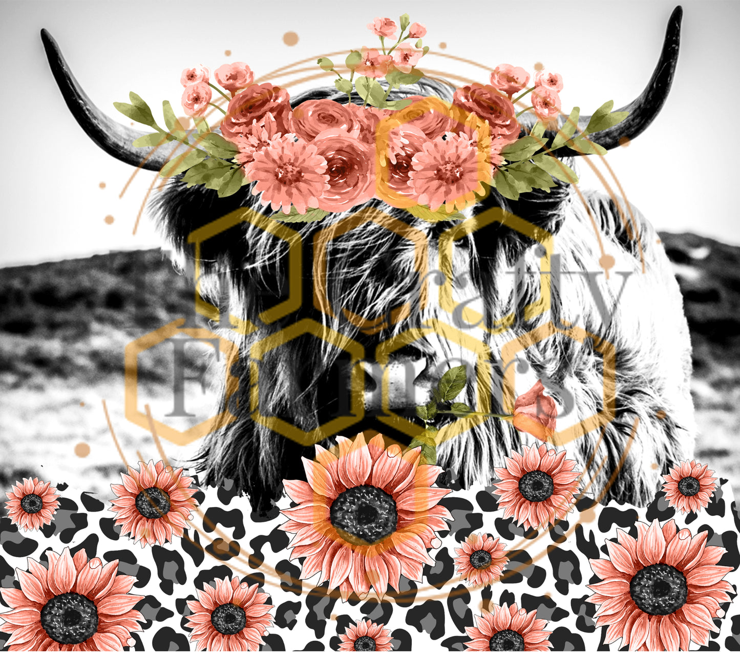 B&W highland cow flowers