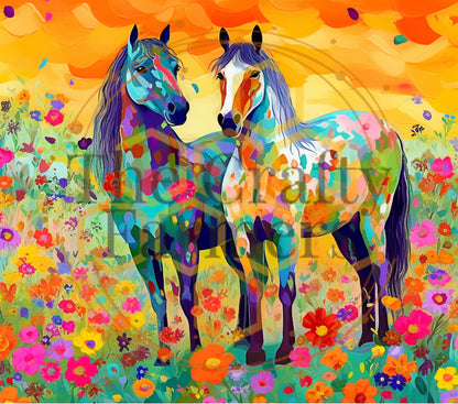 bright watercolor horses