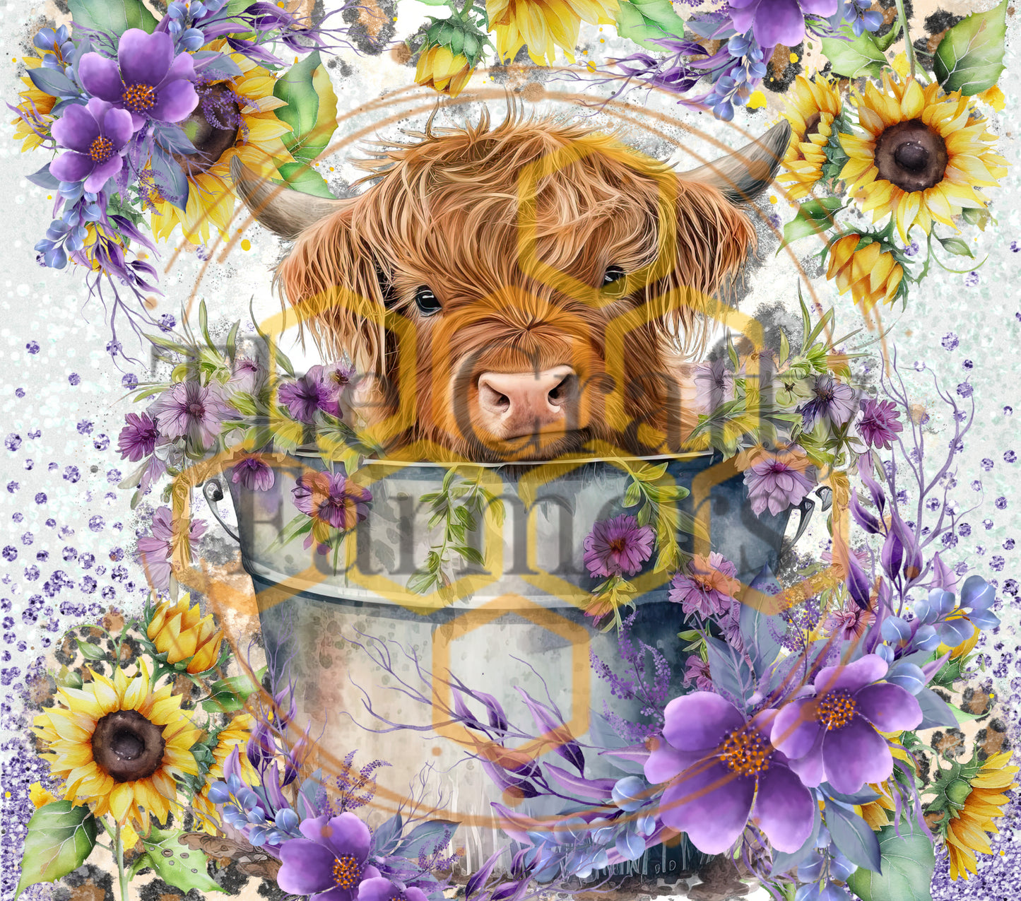 highlander cow purple & yellow flowers